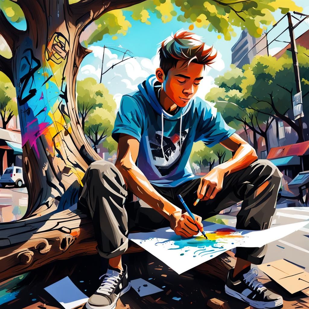 Boy Sketching Graffiti Art on Tree Branch