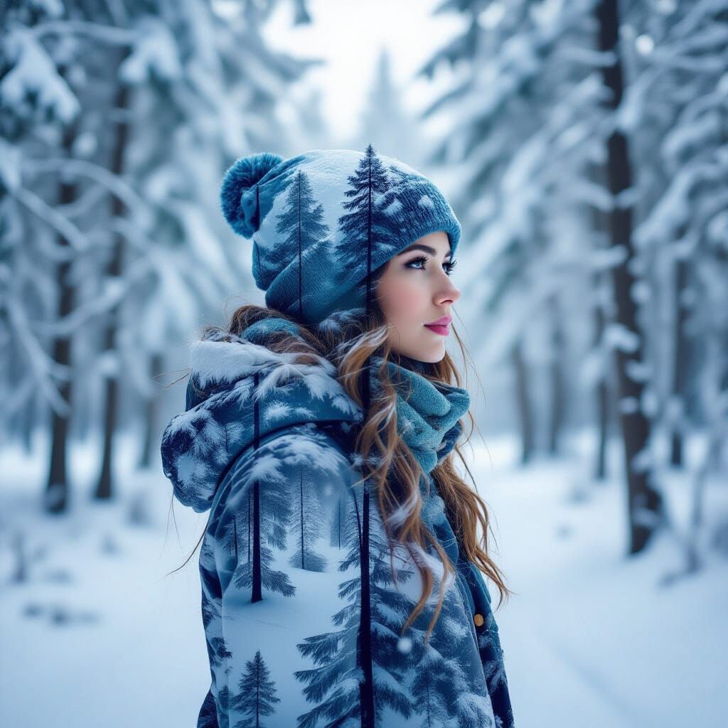 Woman in Snowy Forest Abstract Expressionism Double Exposure