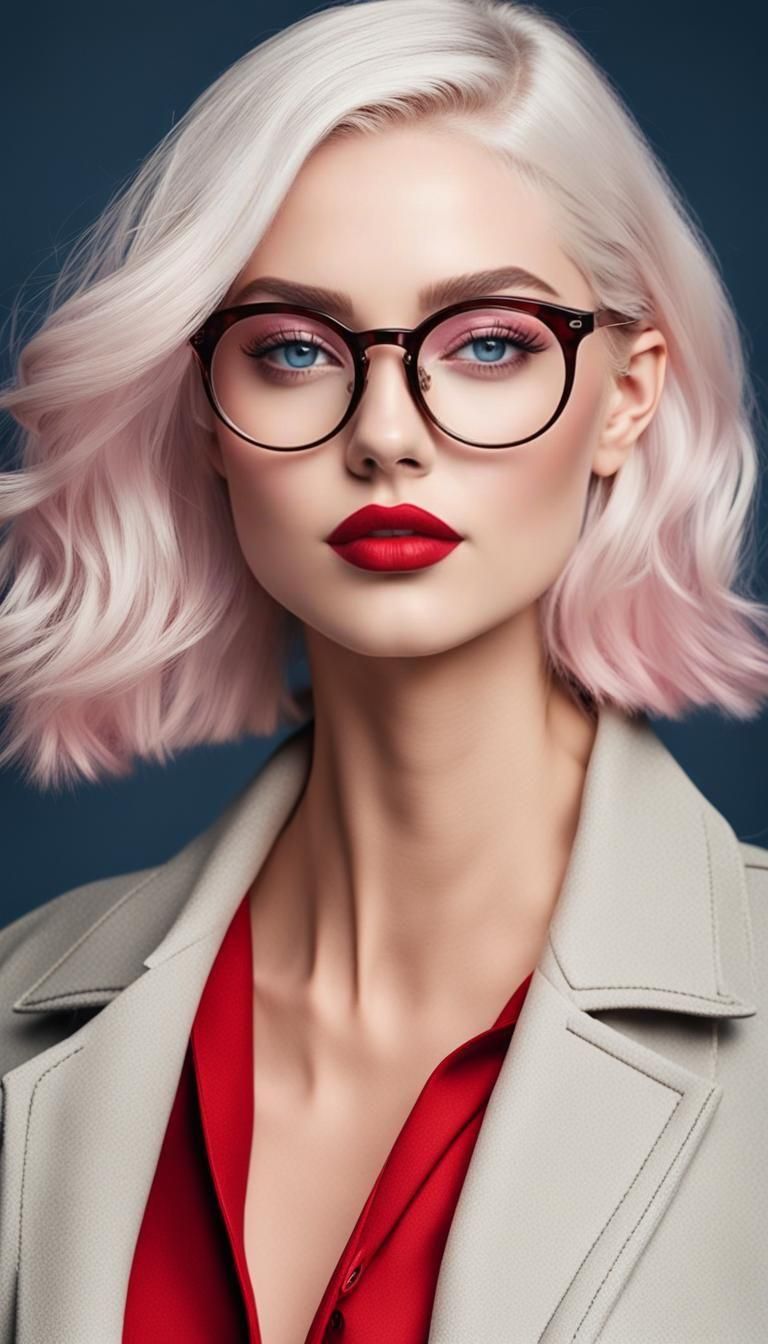 view of a young beautiful woman with white hair, eyebrows ma...