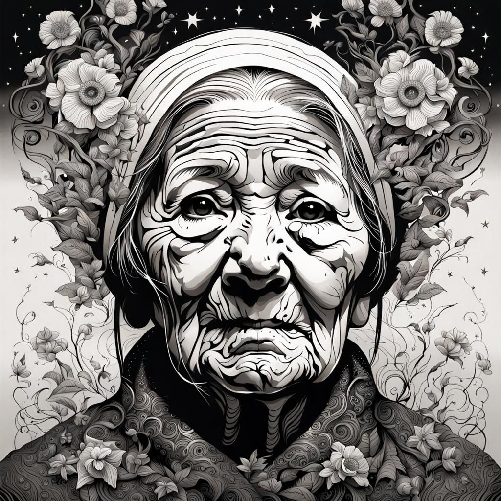 Floral Tattooed Woman Portrait in Gothic Horror Style