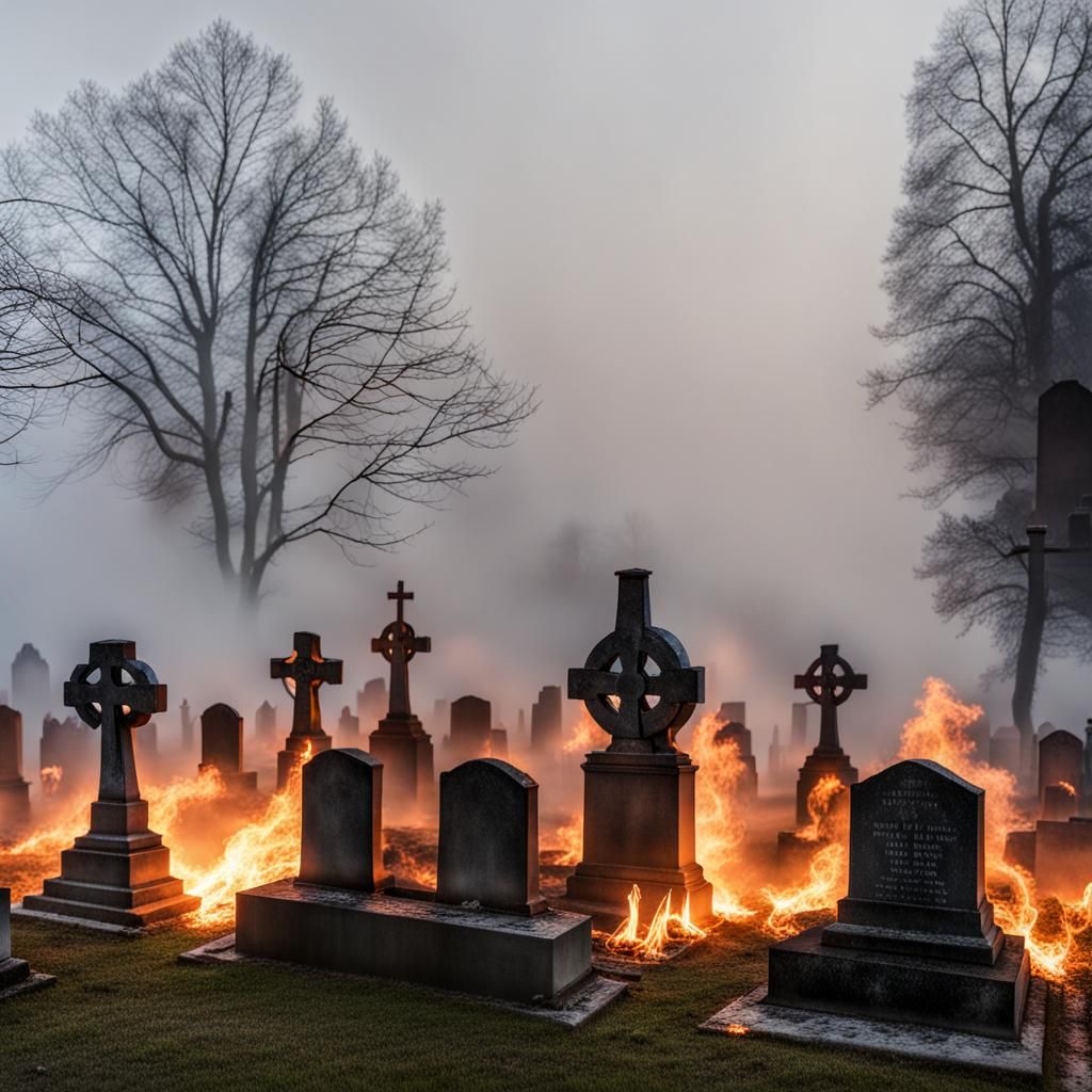 Fiery Graveyard Scene with Misty Atmosphere