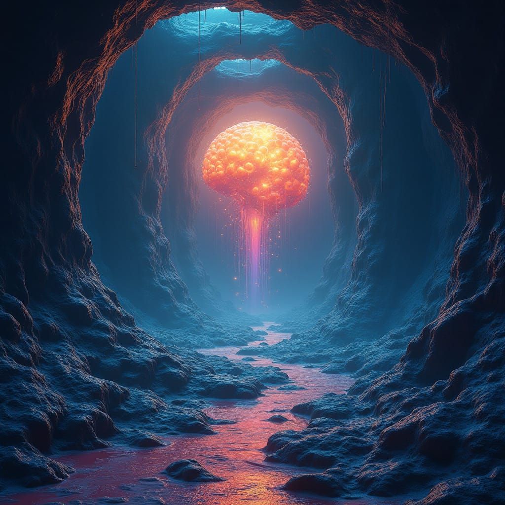 Vast, Mystical Brain Cave in Dreamlike, High-Contrast Colors