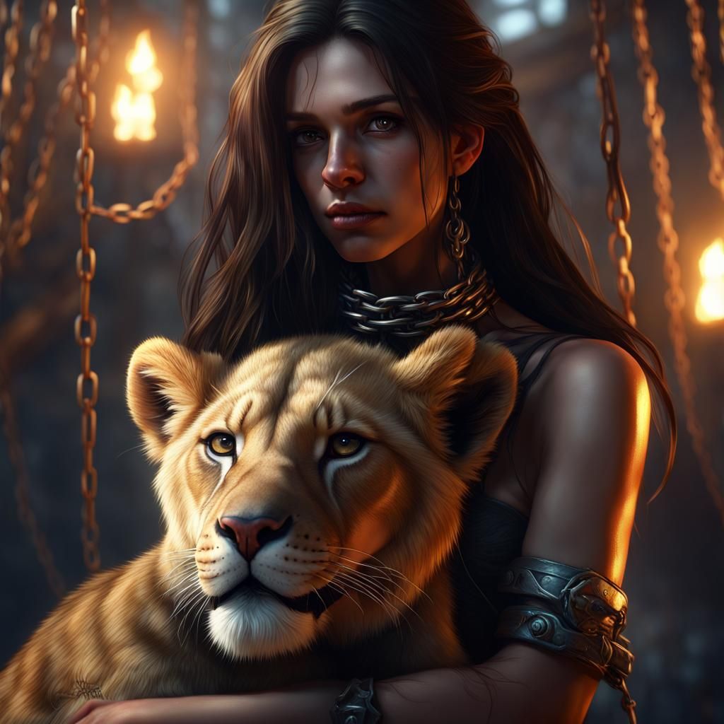 Chained Girl Protecting Lion Cub: Dark Fantasy Art