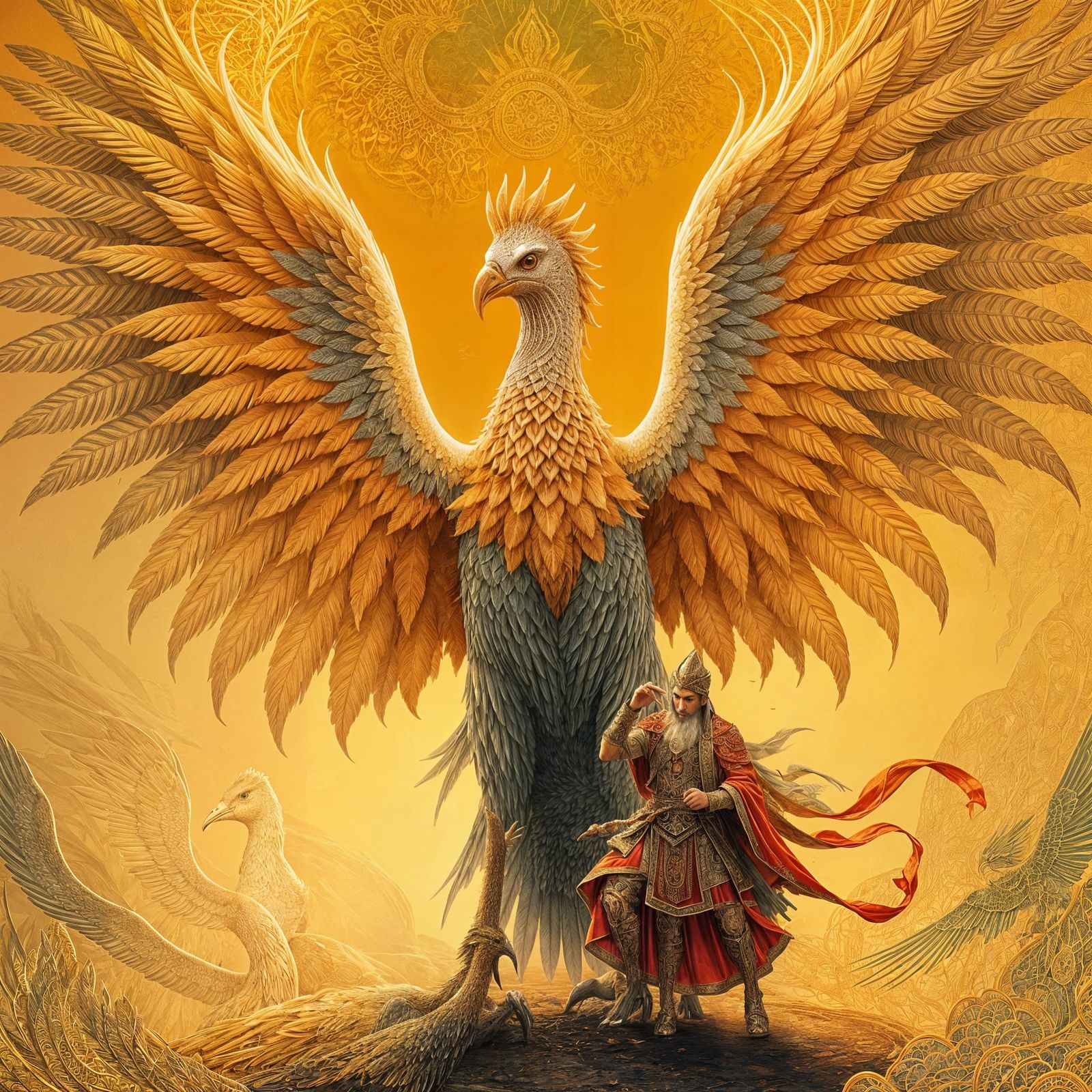 Majestic Simorgh Stands Before Legendary Hero Rustam in Anci...