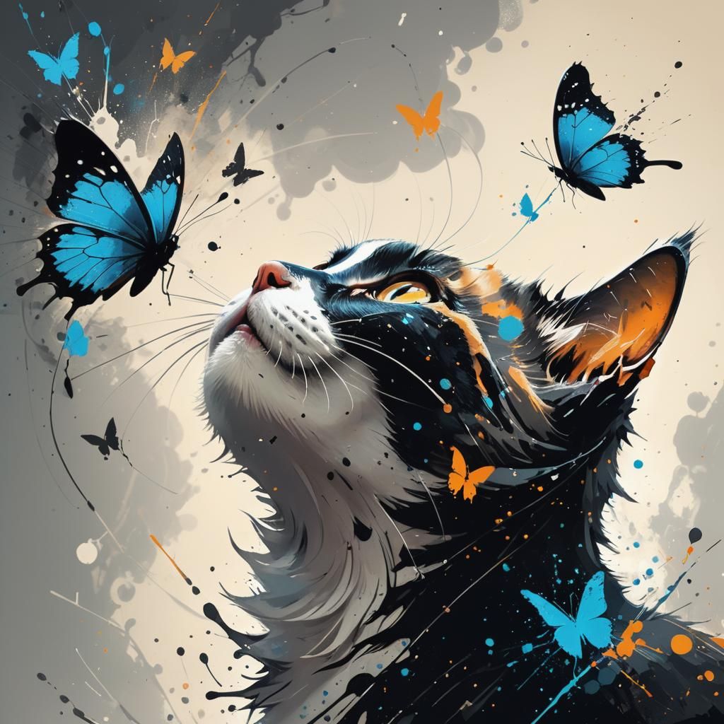 Ink Splatter Art: Cat Gazing at Butterfly