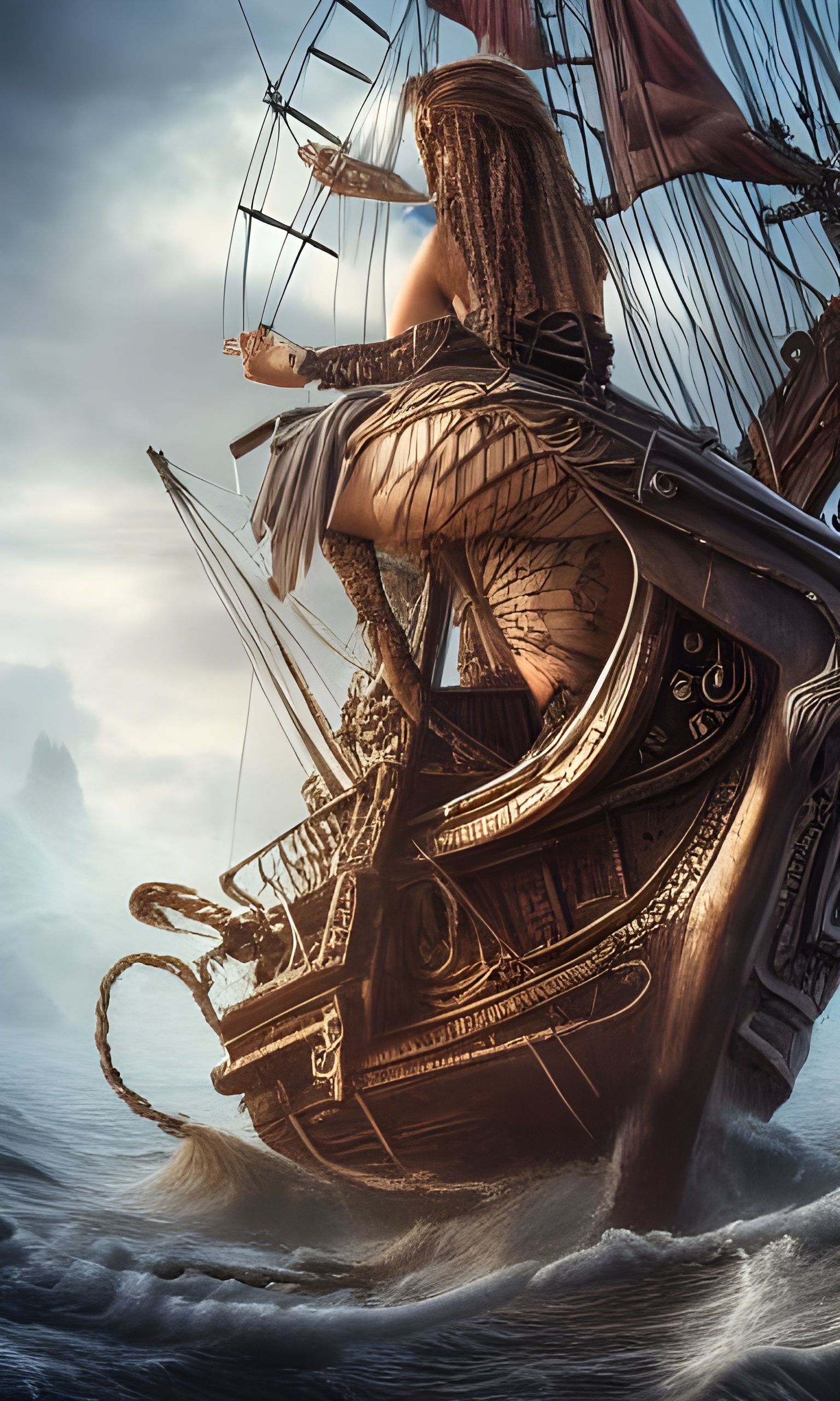 Stunning Pirate Goddess on Ship, Digital Illustration