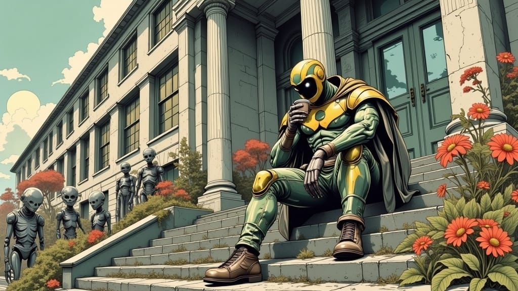 Tattered Superhero Sips Coffee in Library Ambiance