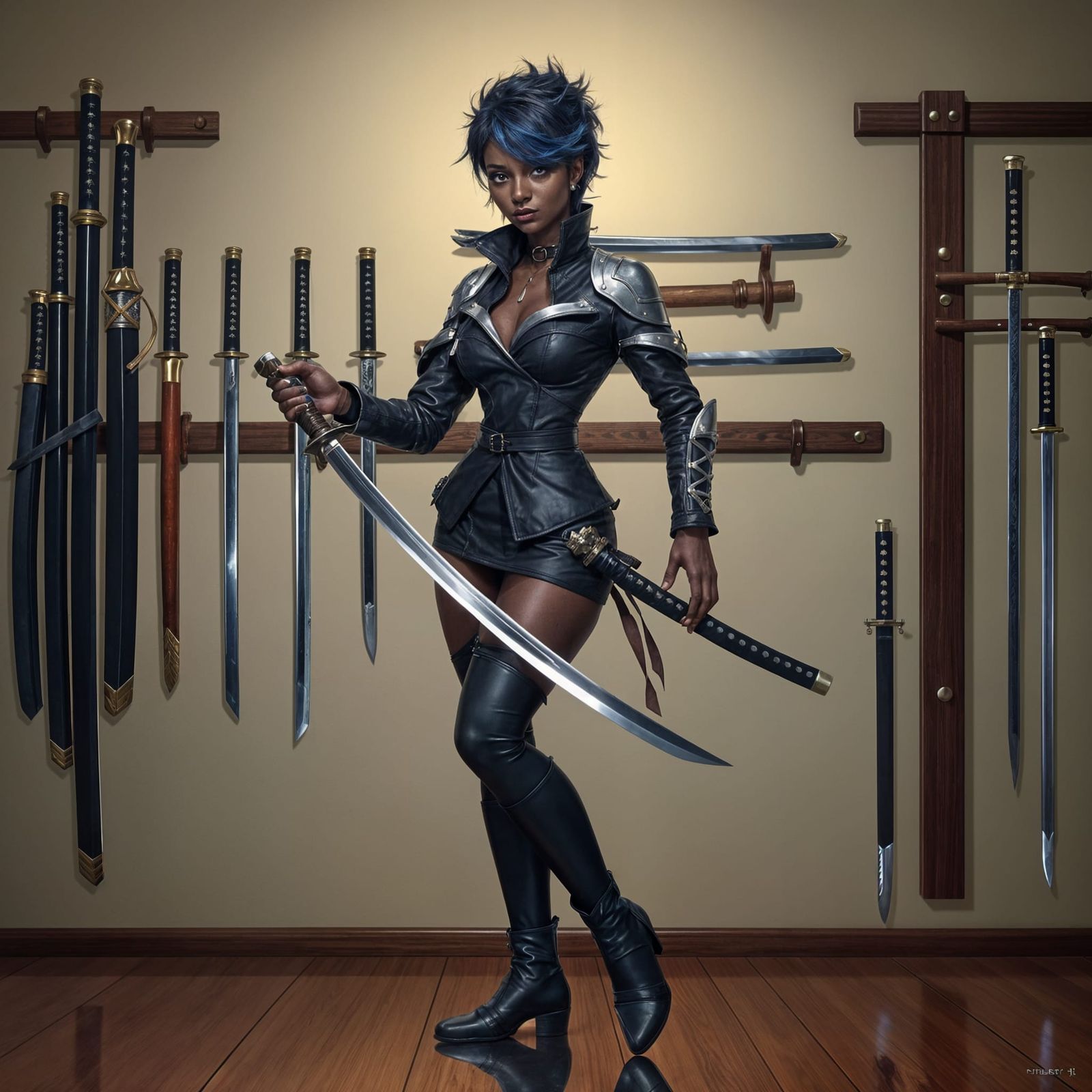 Confident Ebony Sword Master with Katana