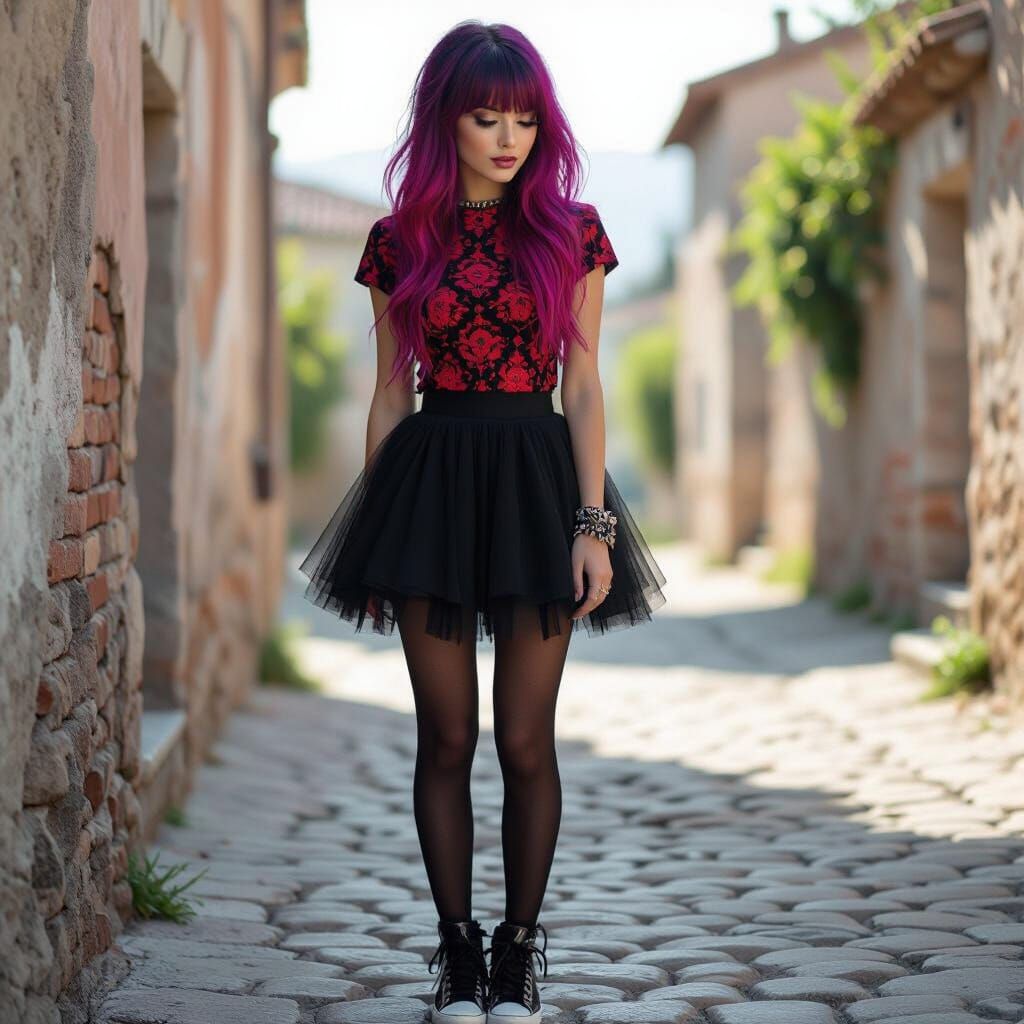 Woman on Cobblestone Path in Street Style