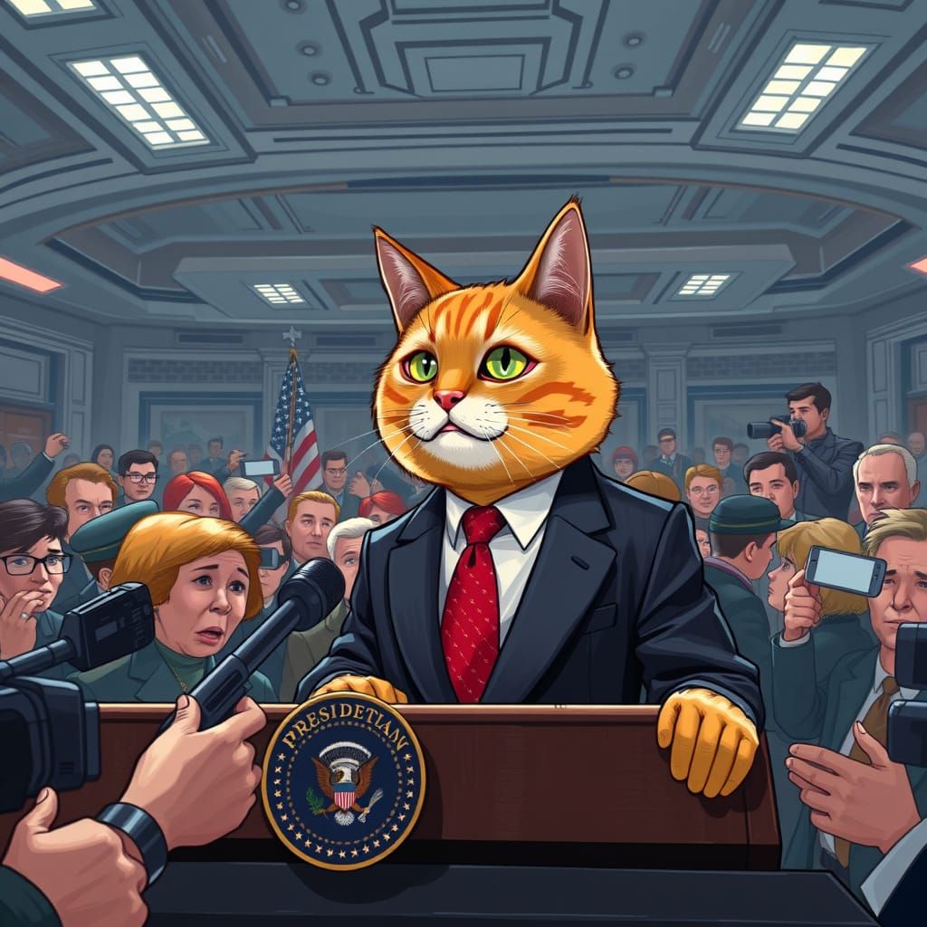 President Ginger Cat Press Conference, in Digital Art Style