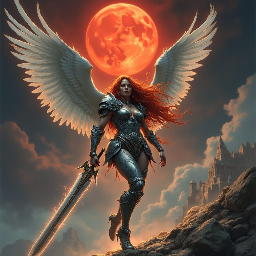 Winged Valkyrie Descends Under Blood Moon in Dark Fantasy