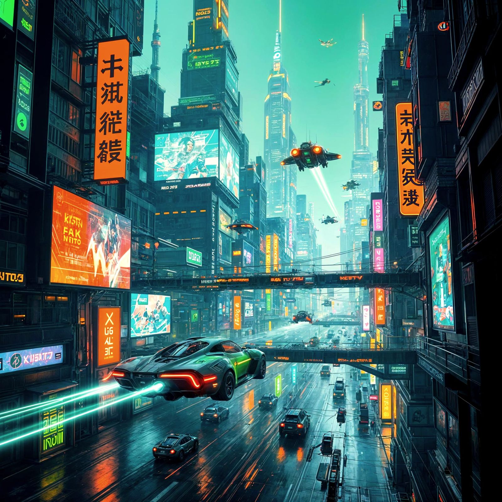 Futuristic Cyberpunk Cityscape with Flying Cars