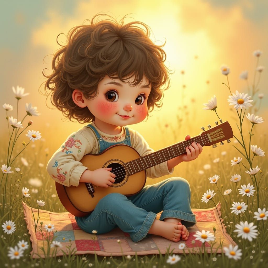 Whimsical Child Strums Guitar in Vintage Storybook Scene