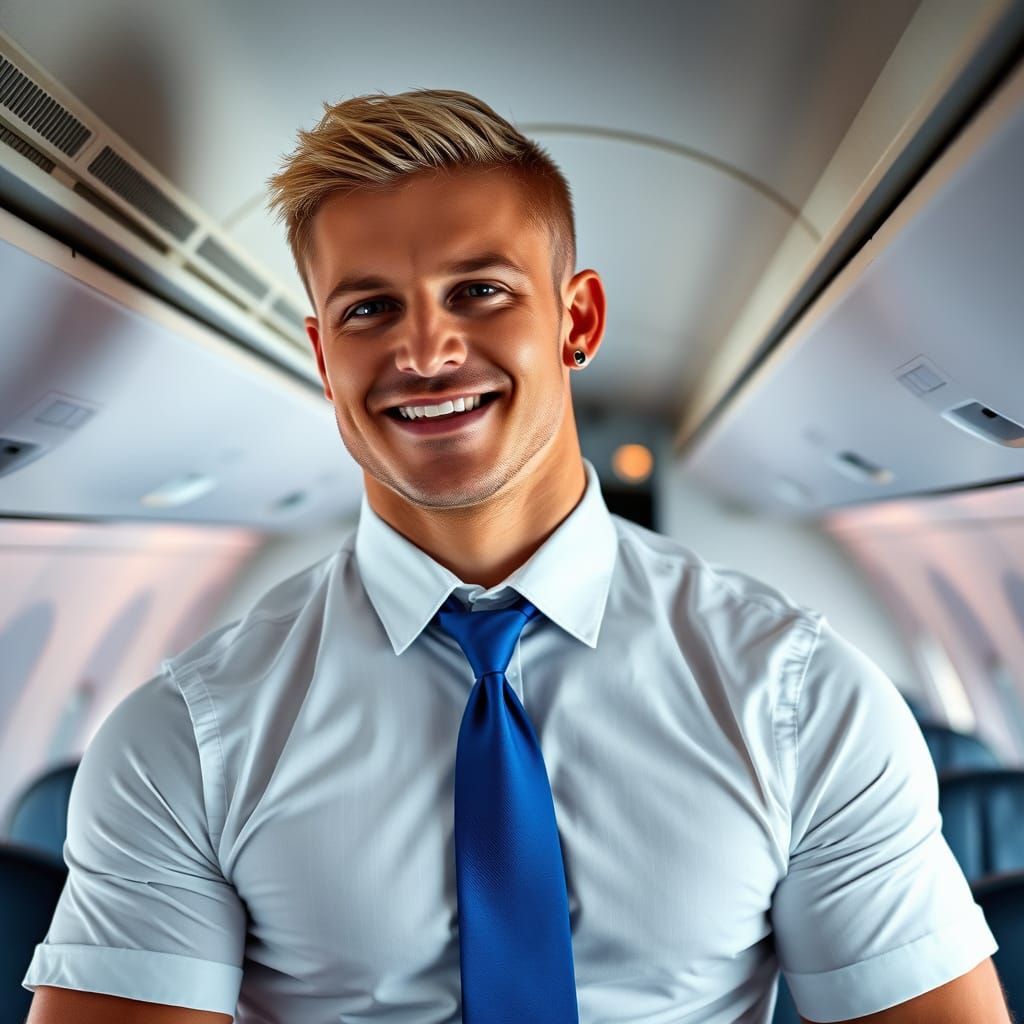 Muscular Flight Attendant Demonstrates Safety in Photojourna...