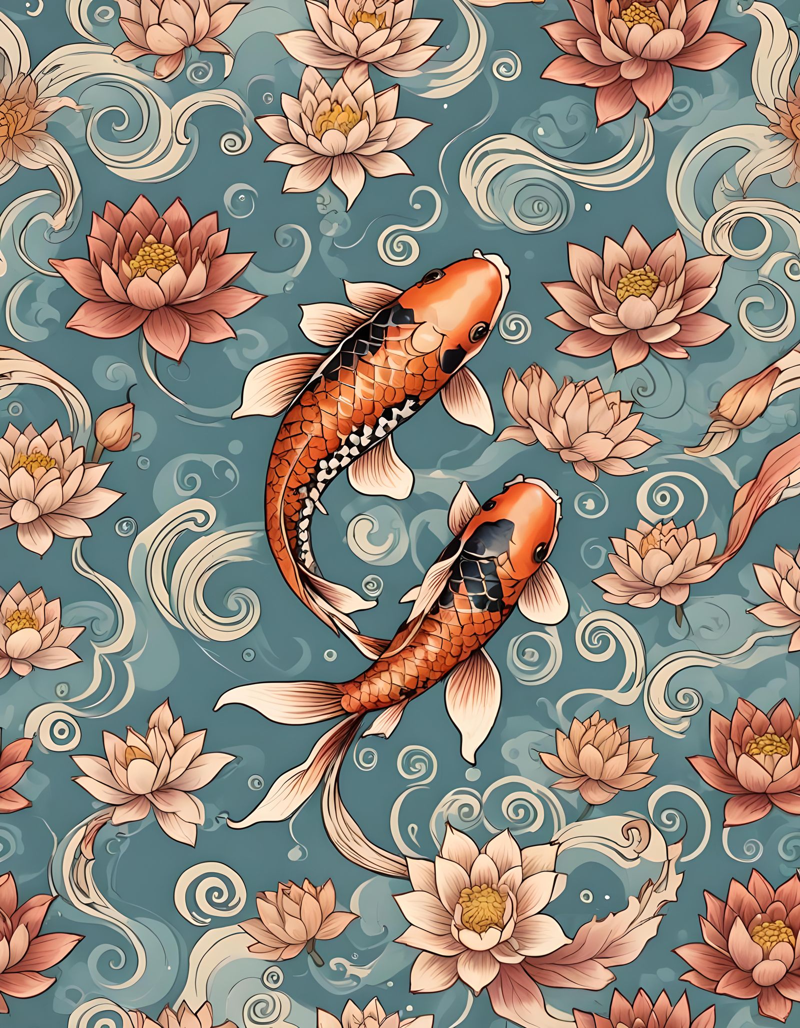 Koi Fish and Lotus with Swirls