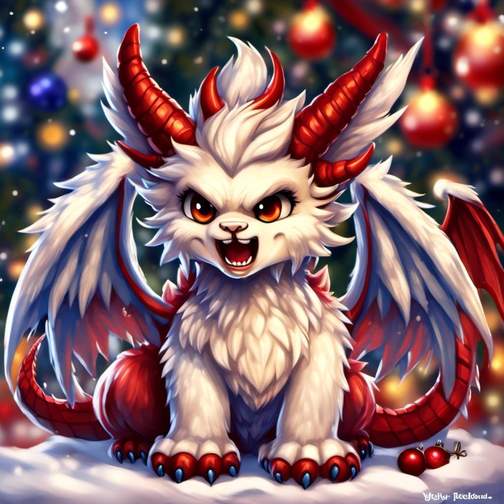 Furry Christmas Chibi Dragon with Open Wings