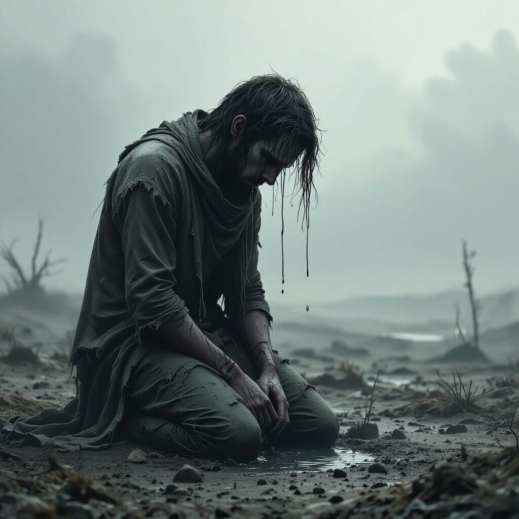 Sorrowful Figure in Desolate Landscape