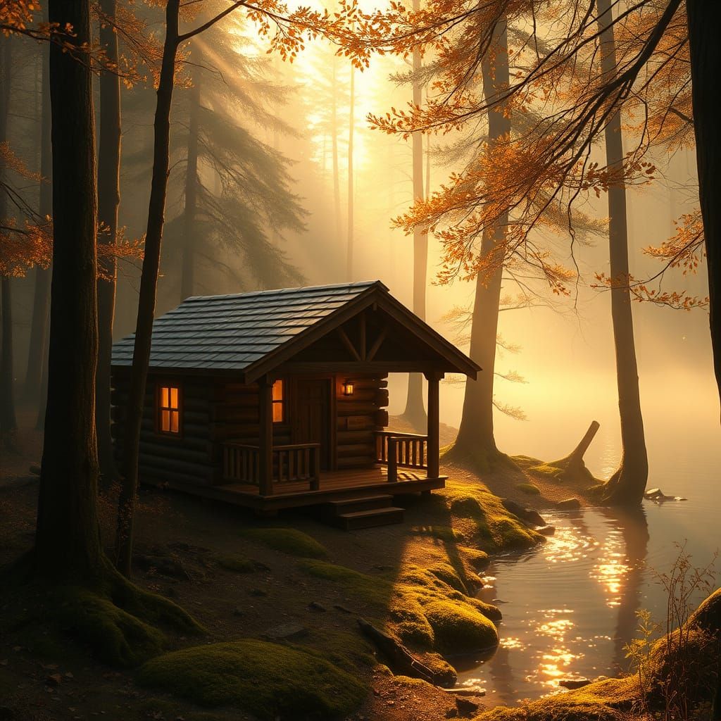 Cozy Wooden Cabin in Autumnal Forest Landscape