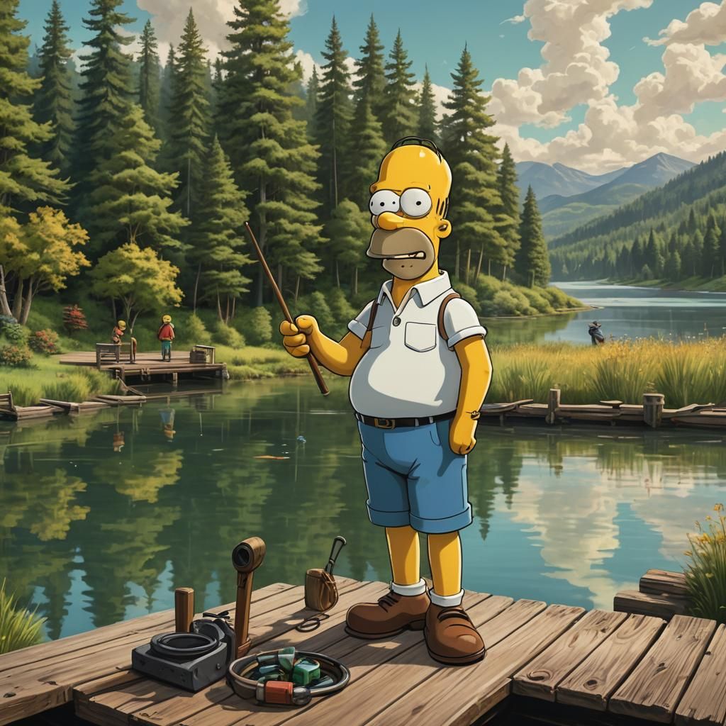 Homer and Bart Simpson Fishing, Hyperrealistic Concept Art