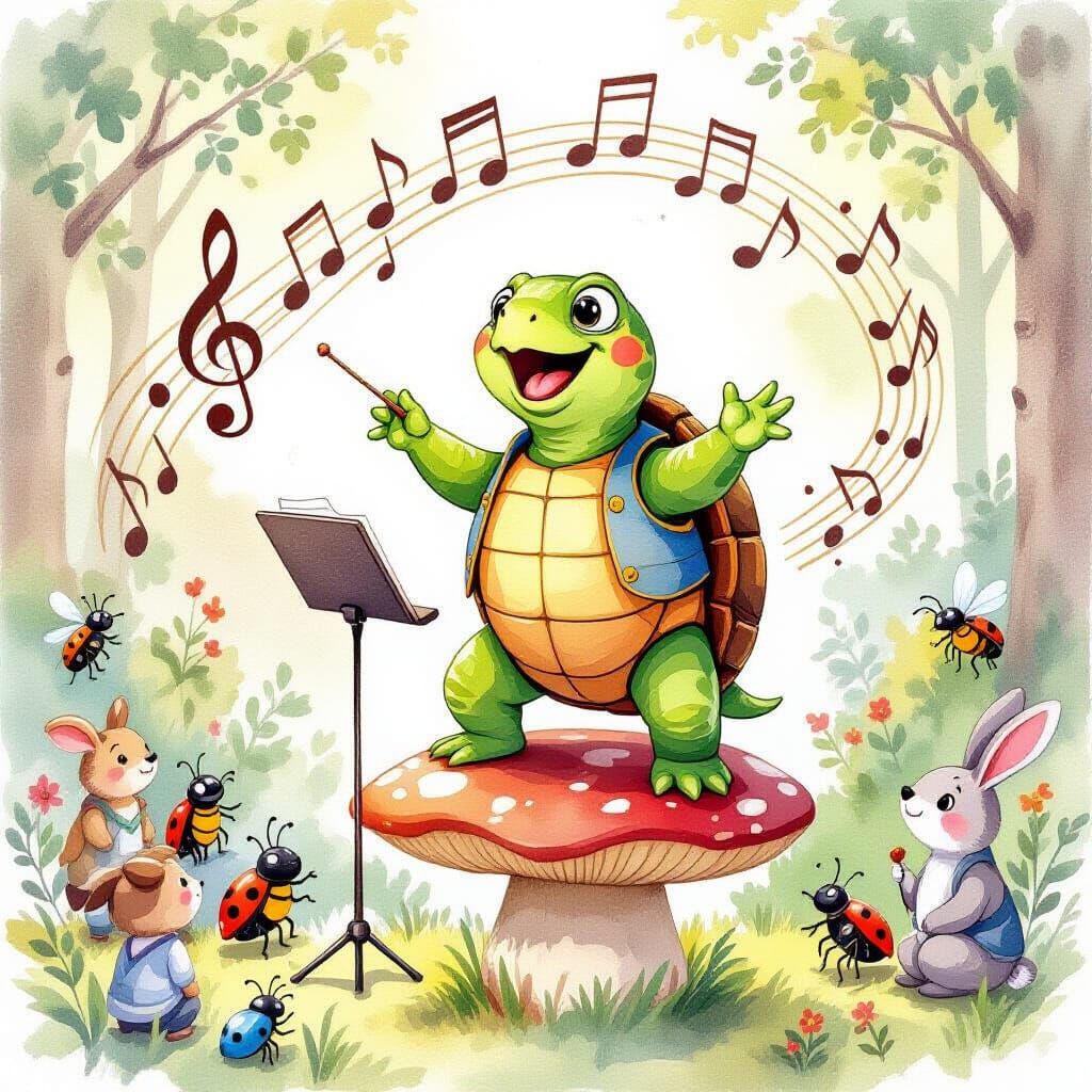 Turtle Conductor Leading Forest Orchestra, Watercolor Art