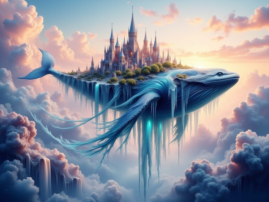 Colossal Sky-Whale Cityscape in Surreal Style