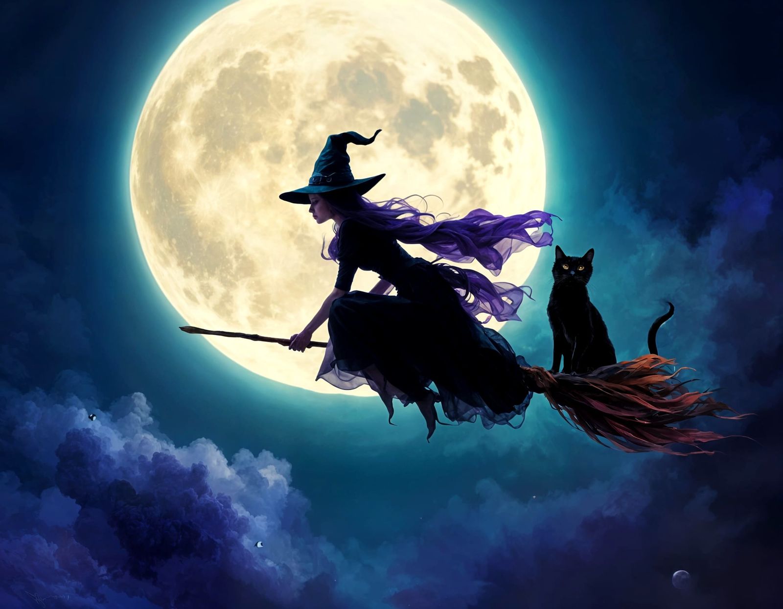 Witch Flying on Broom Under Full Moon with Black Cat