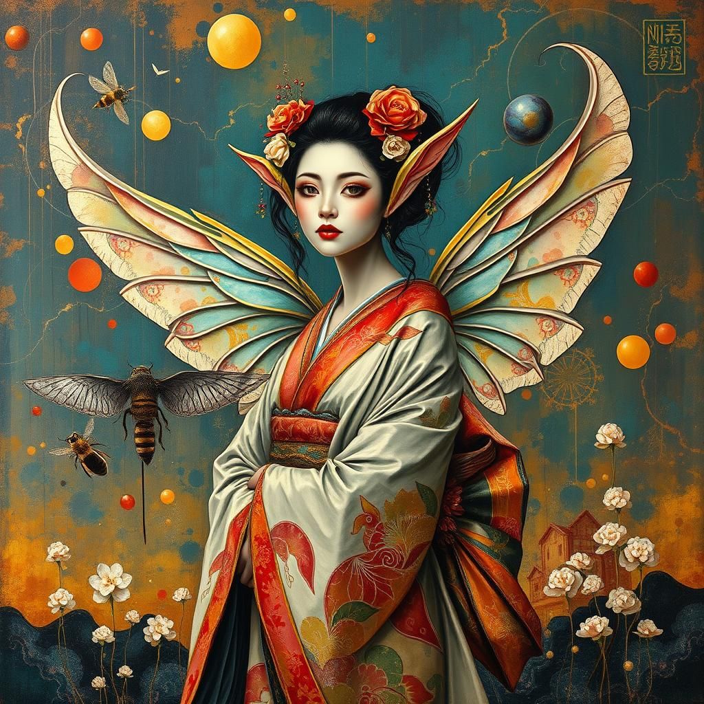 Geisha Fairy Elf in Dystopian Impasto Style