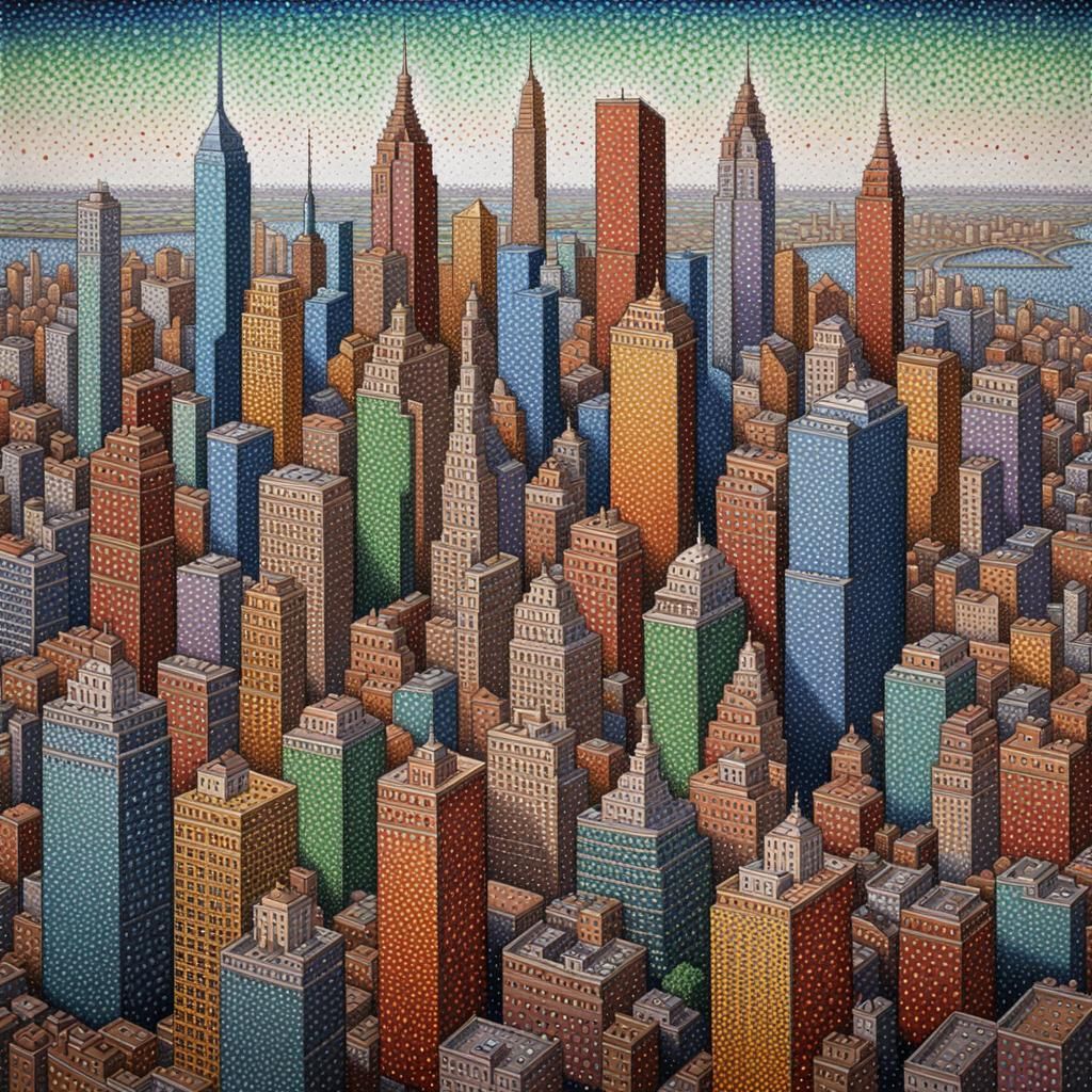 Pointillist Cityscape in Intricate Detail
