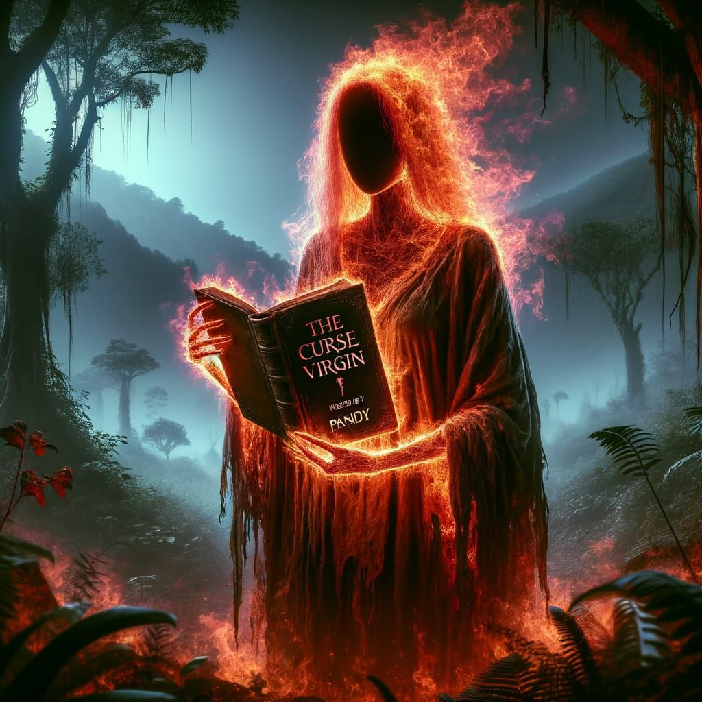 Fiery Spectral Woman in Jungle with Ancient Book