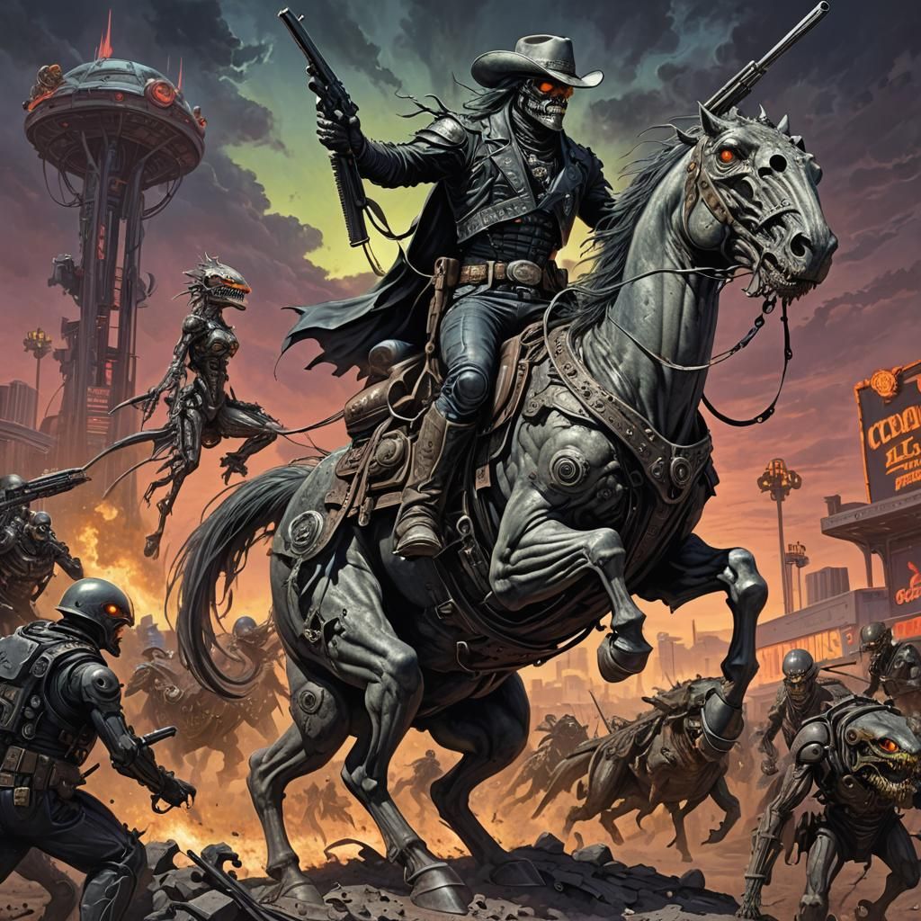 Cyborg Cowboy vs Alien Toads on Neon Highway