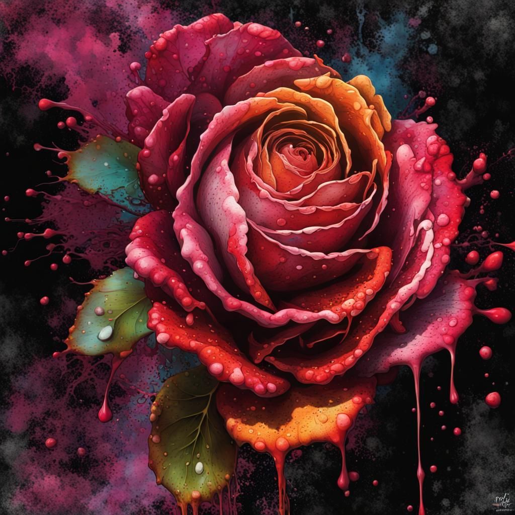 Hyperrealistic Rose with Ink Splatter in Darkness
