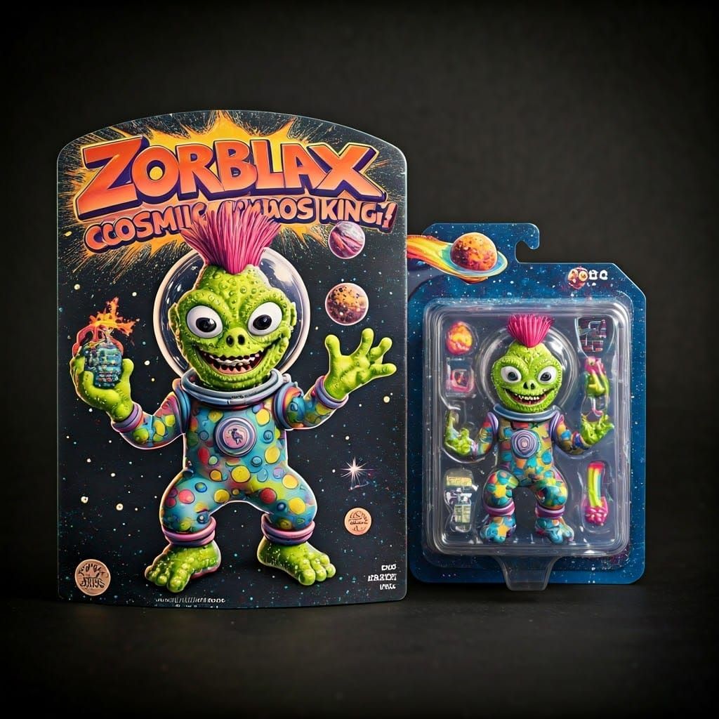 Retro 80s-Style Action Figure Box Featuring Cosmic Chaos Kin...