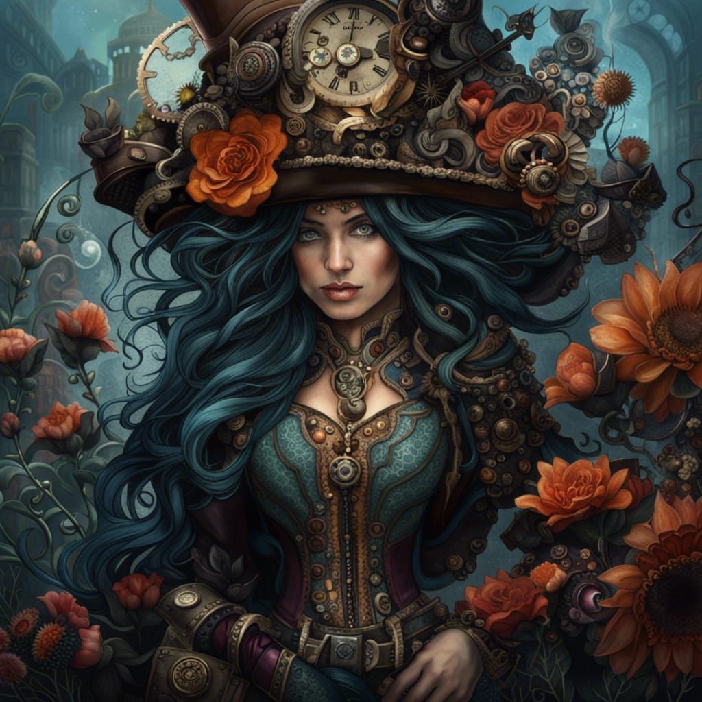 Steampunk Woman with Flowers Digital Art
