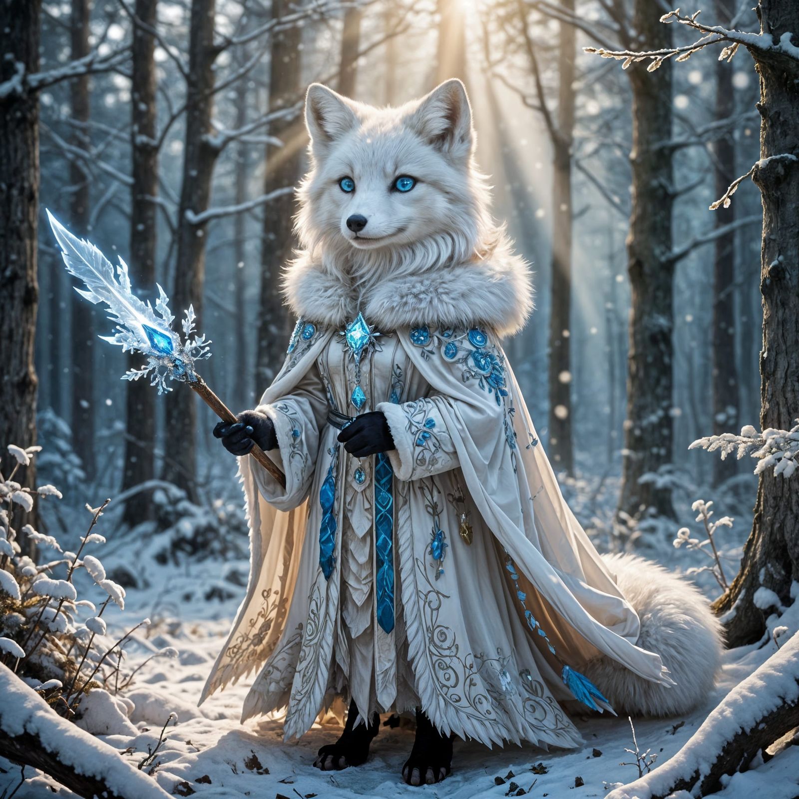 Anime Arctic Fox with Crystal Staff in Forest