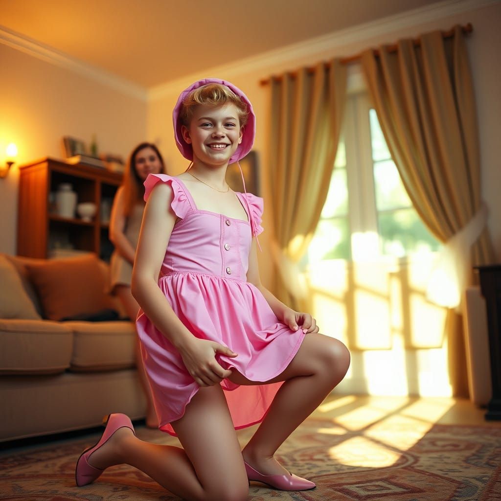 Youthful Blonde Man Smiles in Vibrant Pink Minidress