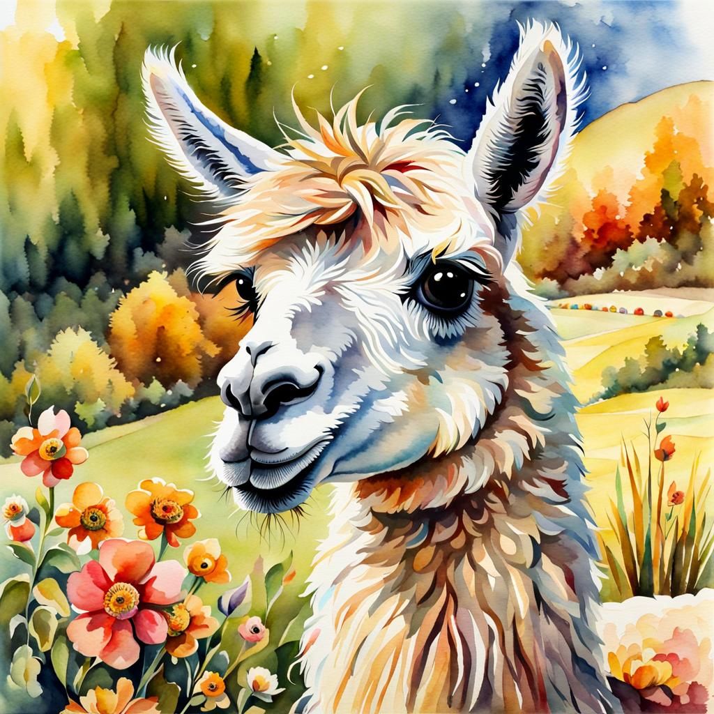 Watercolor Llama Landscape in Detailed Light