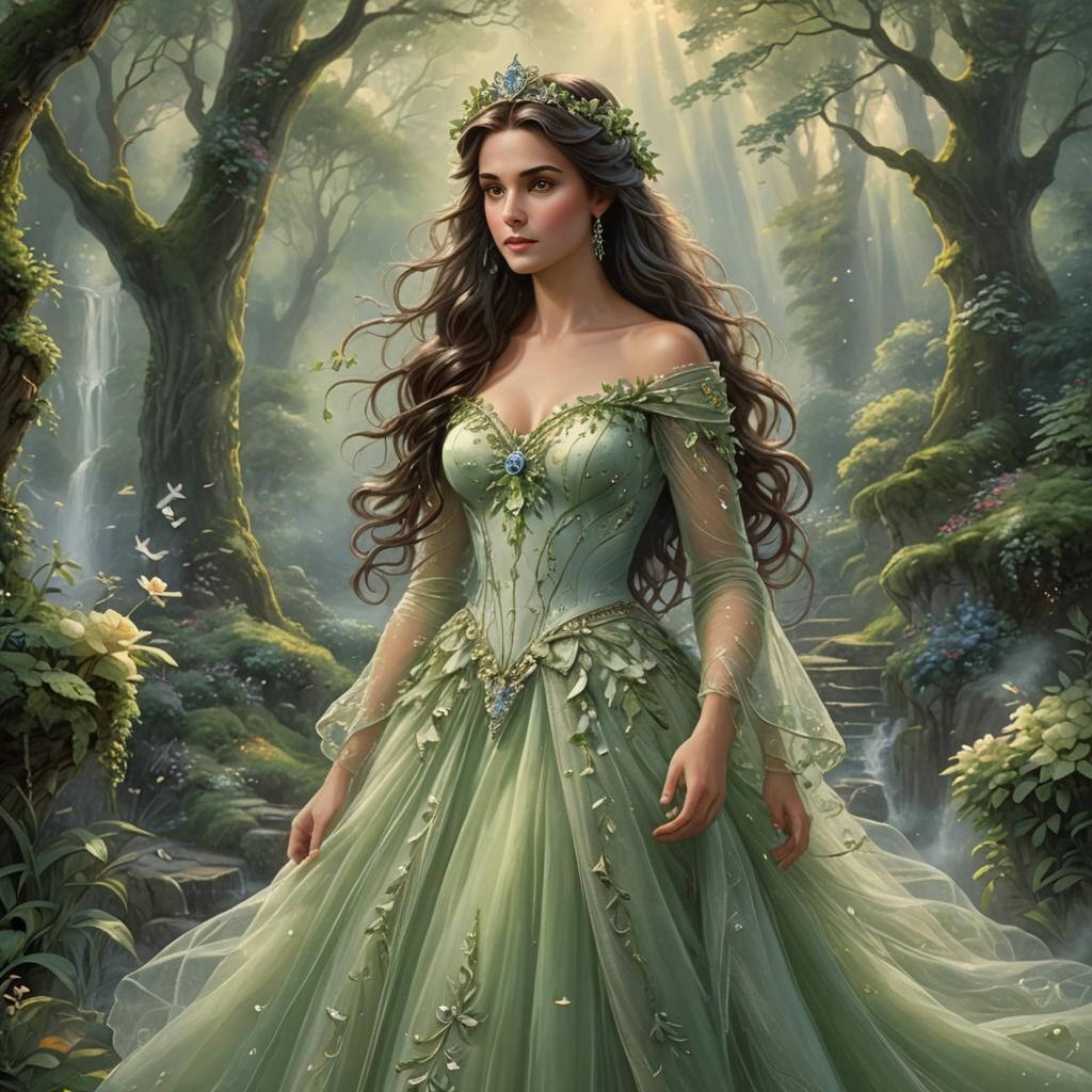 A nature queen/goddess with a light green wedding dress and (long:3) dark brown hair