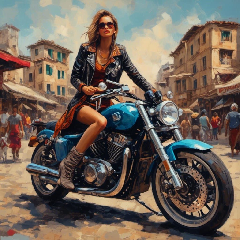 Realistic Female Model on Motorcycle with Graffiti Colors