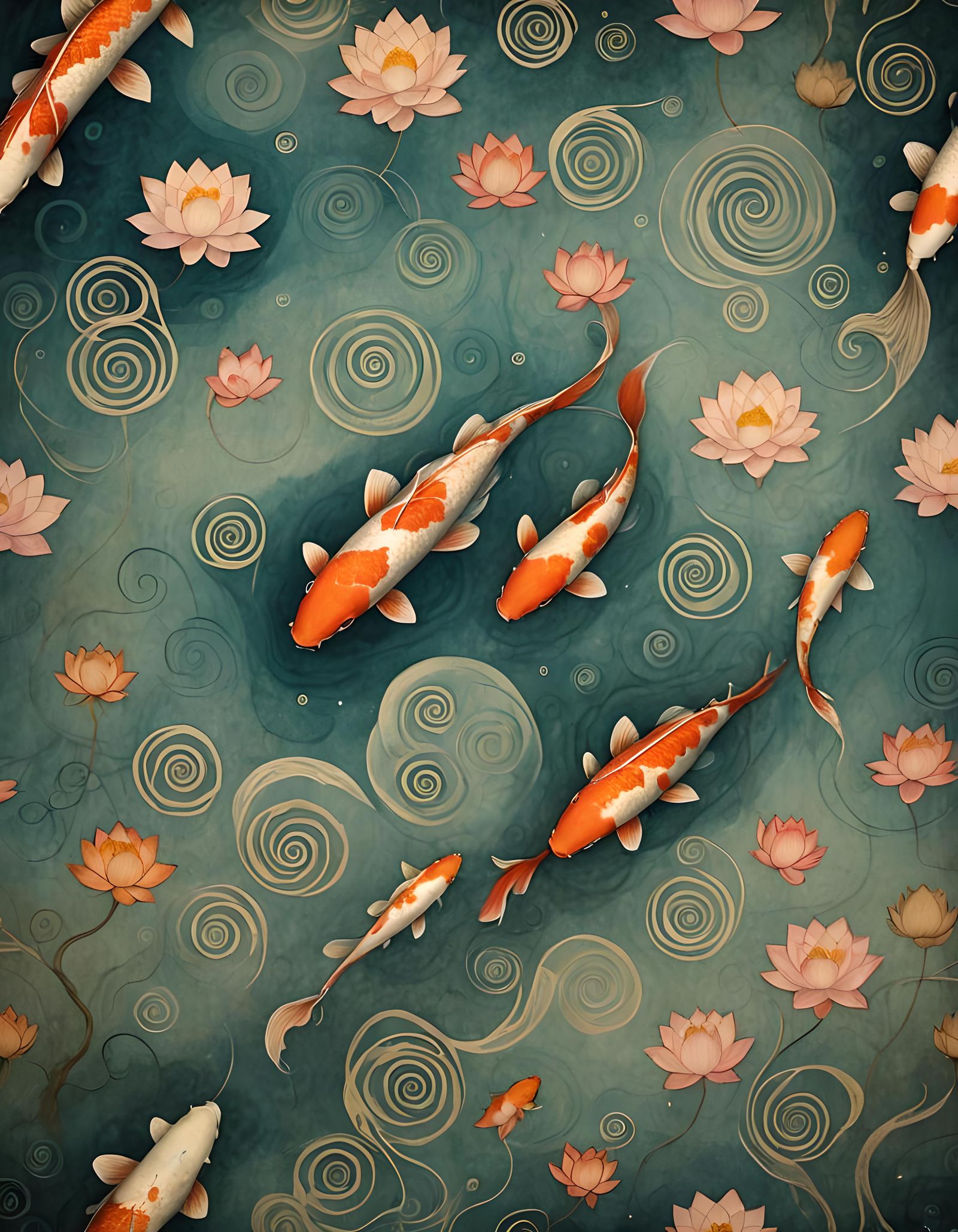 Koi Fish and Lotus, in Surreal Style
