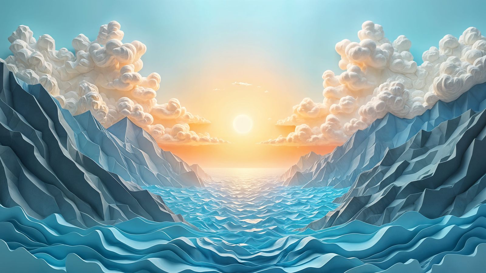 Origami Landscape with Mountains, Ocean, Sun, and Clouds