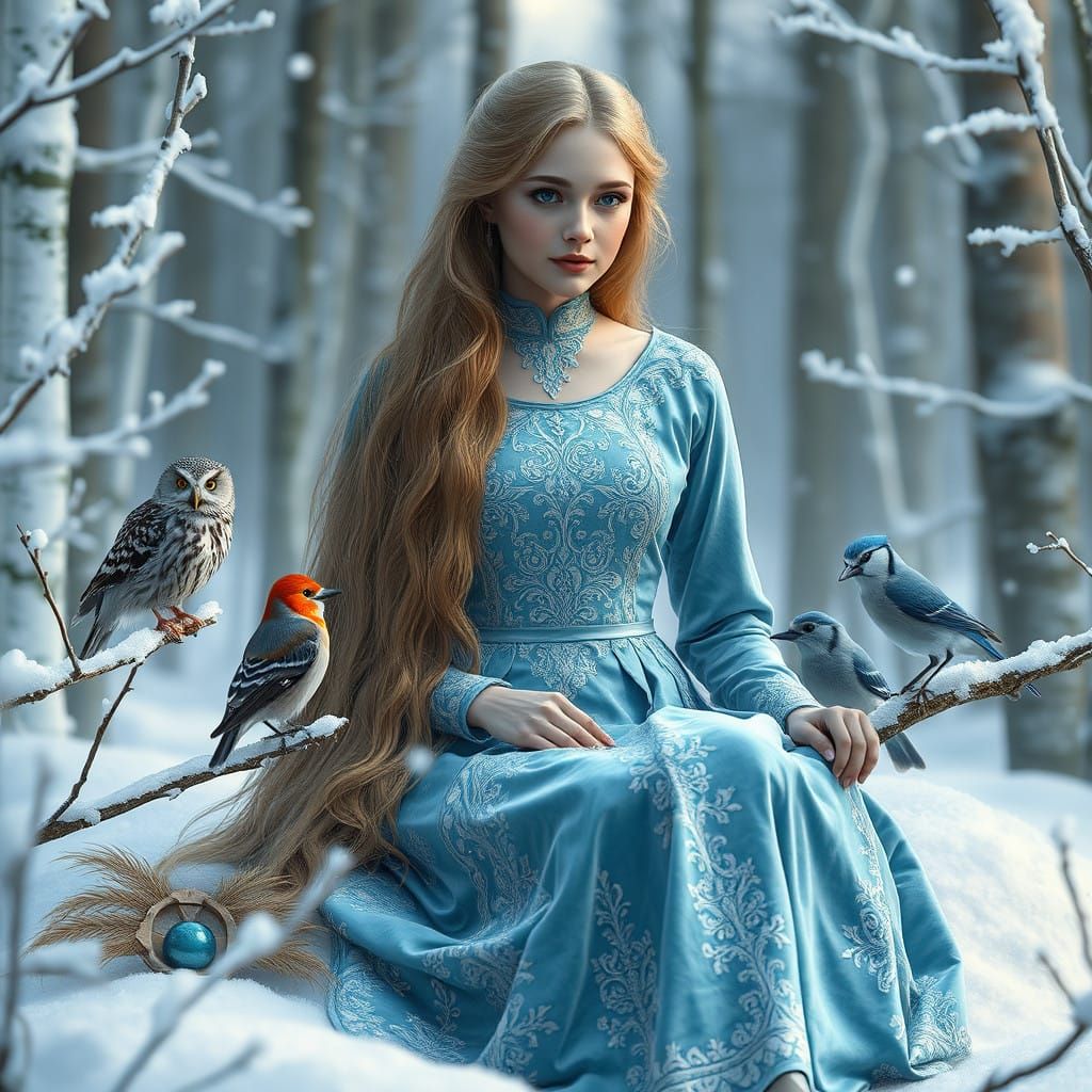 Fantasy Woman Surrounded by Calling Birds in Snowy Forest Sc...