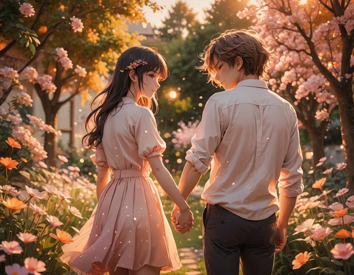 Romantic Anime Couple in Sunset Garden