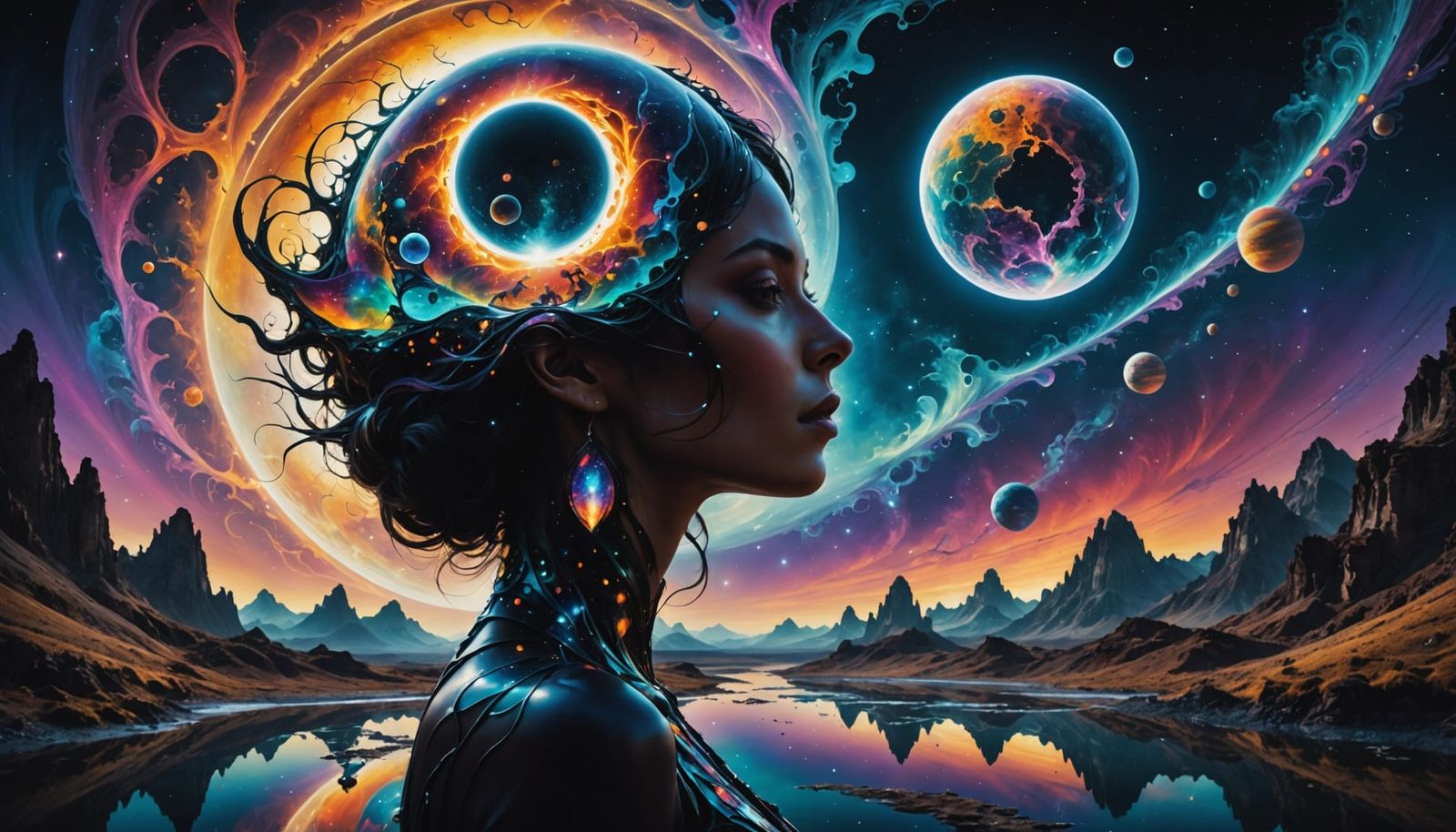 Surreal Double Exposure: Woman Filled With Alien Planet Land...