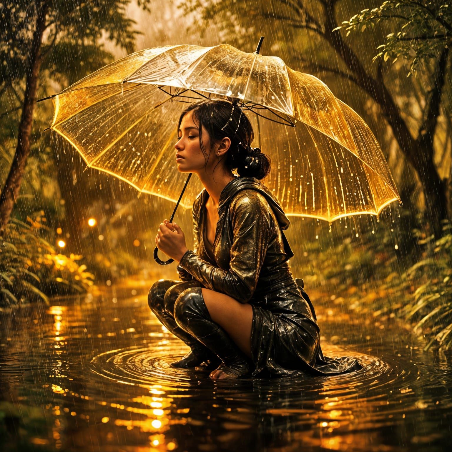 Woman Bathed in Golden Rain, Hyperrealistic Scene