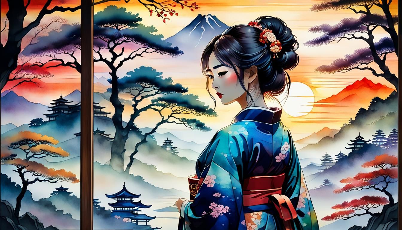 Kimono Girl in Misty Landscape: Ukiyo-e Style