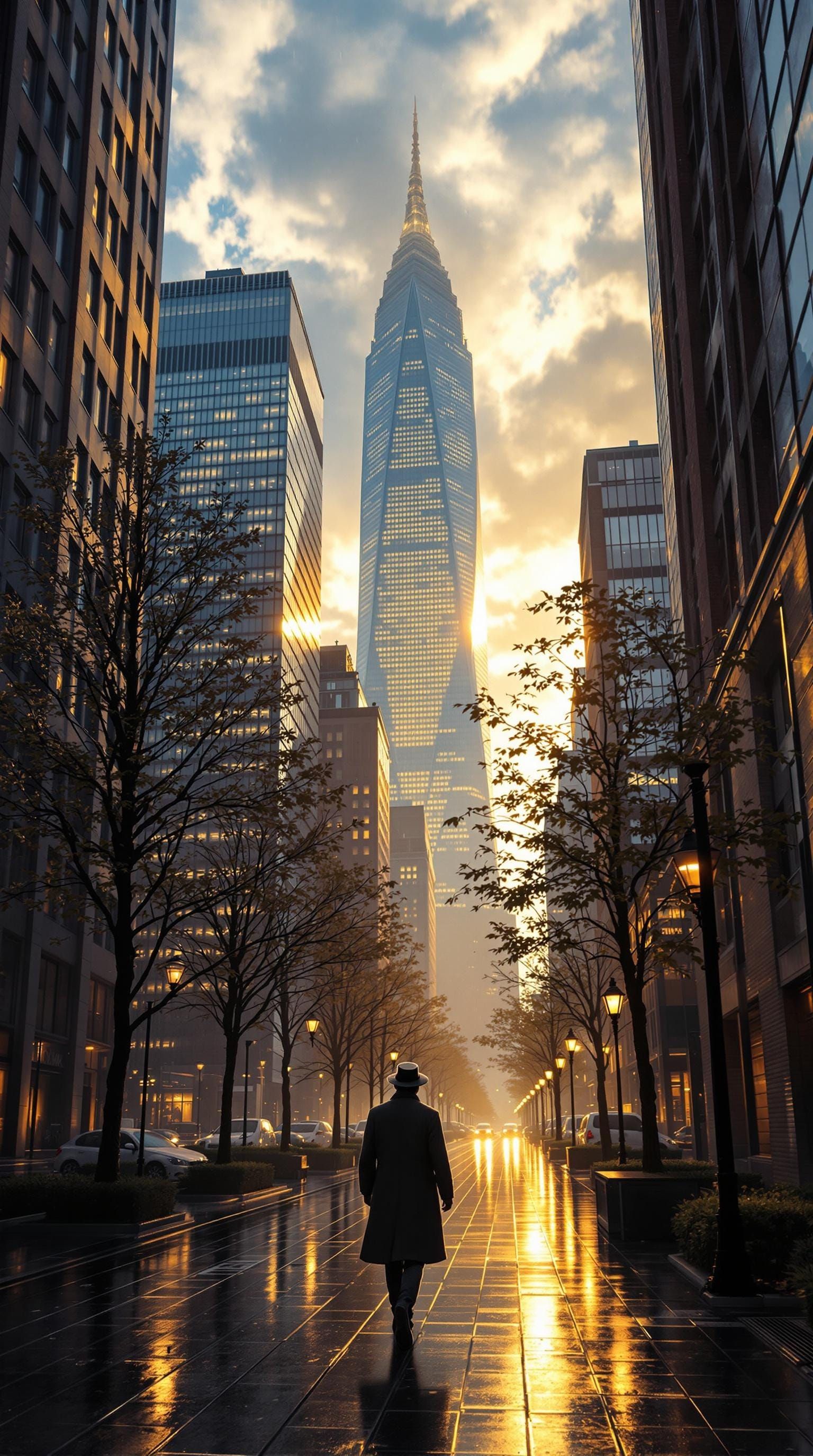 Cinematic Urban Scene with Golden Light and Reflections