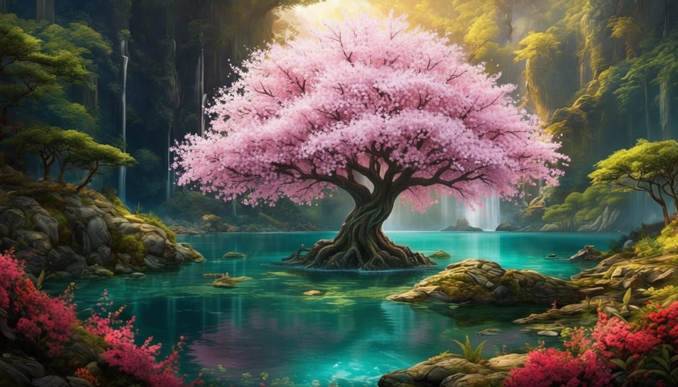 Cherry Blossom Tree Flourishes in Desert Oasis