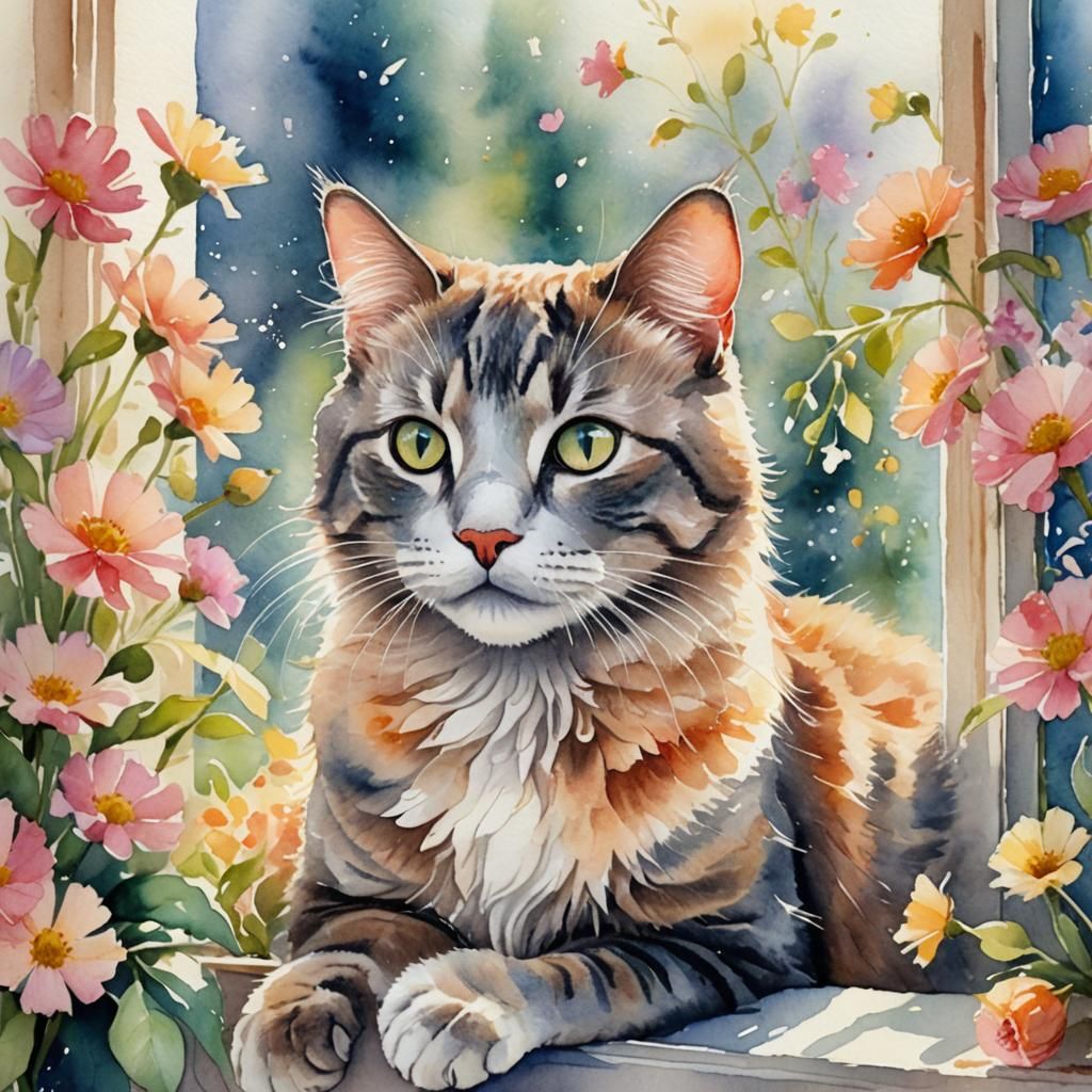 Whimsical Kitty Cat Portrait in Watercolor