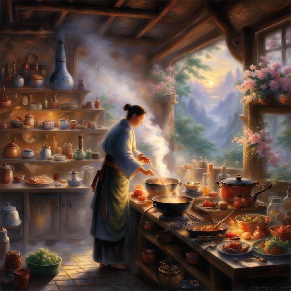 Ethereal Japanese Alchemist Cooking in Fantasy Style