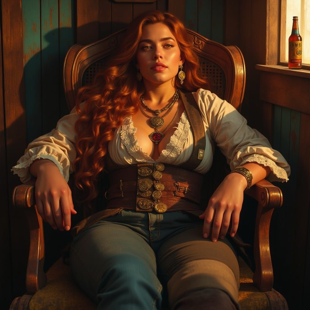 Regal Pirate Woman Seated on Weathered Ship